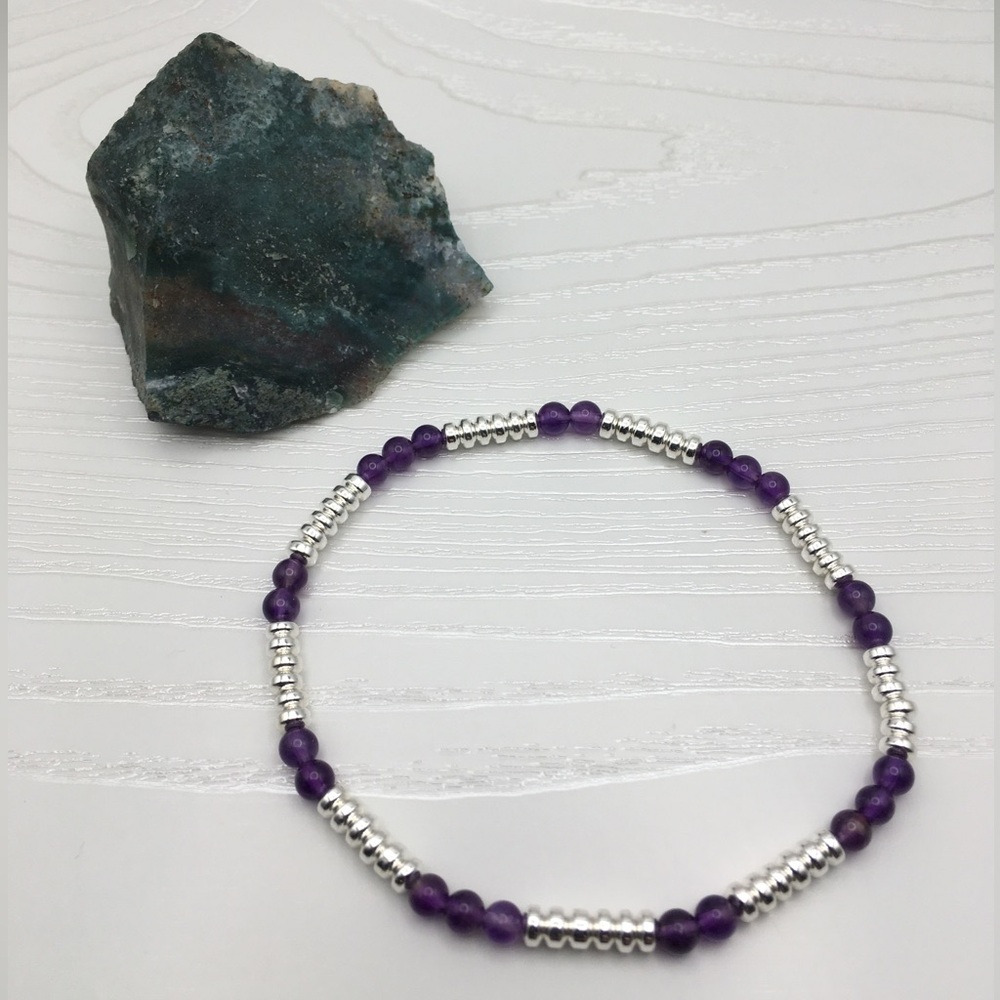 HANDCRAFTED Amethyst & Silver Hematite Stretch Ankle Bracelet